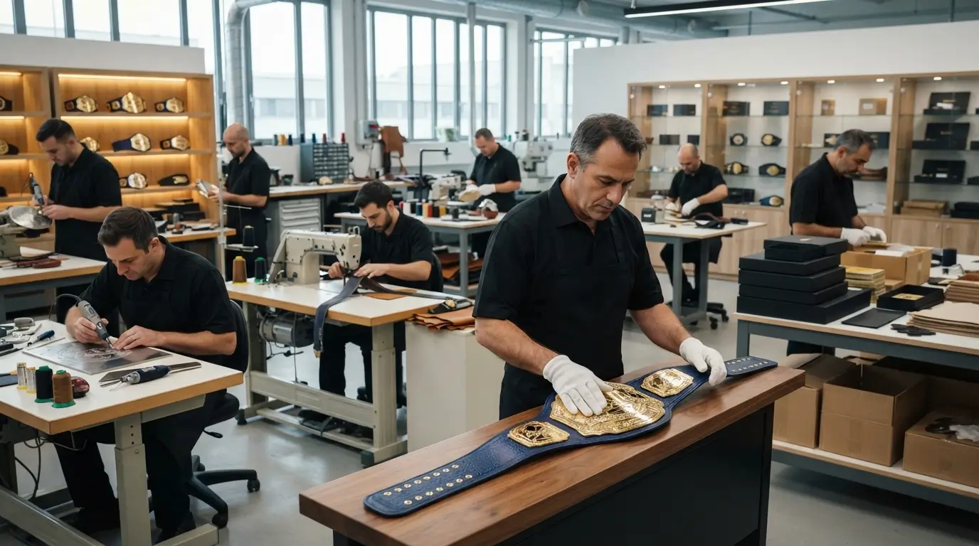 Craftsman hand-finishing a custom gold-plated championship belt plate in the workshop
